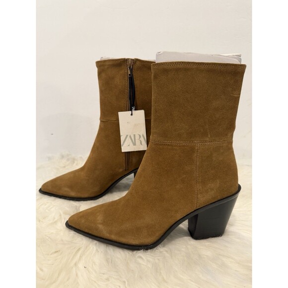 Zara Brown Split Suede Leather Cowboy Ankle Boots Pointed Toe Women US 8 EUR 39 - Picture 10 of 15